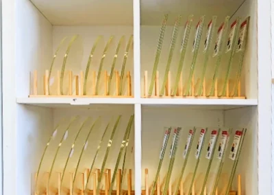 A display of clear glass plates from Bullseye Glass at Glass Duchess Studio in Port Charlotte, FL